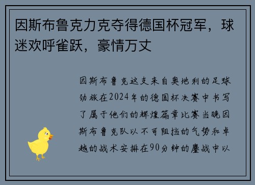 因斯布鲁克力克夺得德国杯冠军，球迷欢呼雀跃，豪情万丈