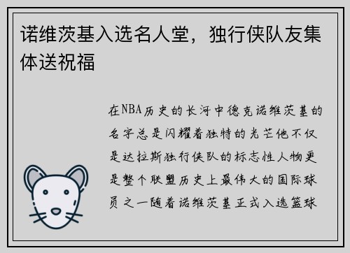 诺维茨基入选名人堂，独行侠队友集体送祝福