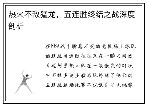 热火不敌猛龙，五连胜终结之战深度剖析