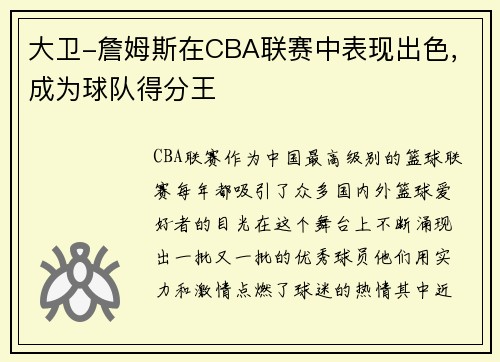 大卫-詹姆斯在CBA联赛中表现出色，成为球队得分王