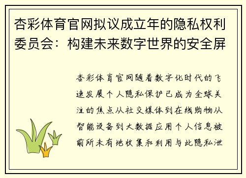 杏彩体育官网拟议成立年的隐私权利委员会：构建未来数字世界的安全屏障 - 副本
