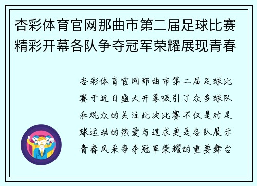 杏彩体育官网那曲市第二届足球比赛精彩开幕各队争夺冠军荣耀展现青春风采